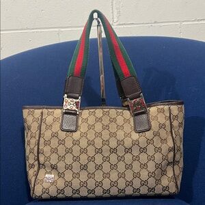 Gucci Beige Brown Monogram Tote with Green-Red Web Straps Sherry Line